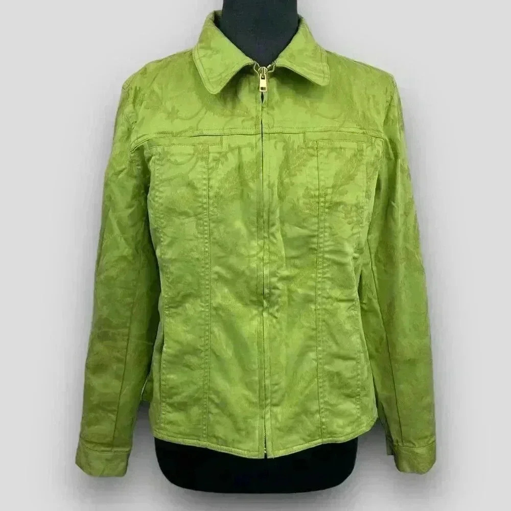 Jones NY Signature Zip Jacket M Chartreuse Green Floral Jacquard Stretch Pockets